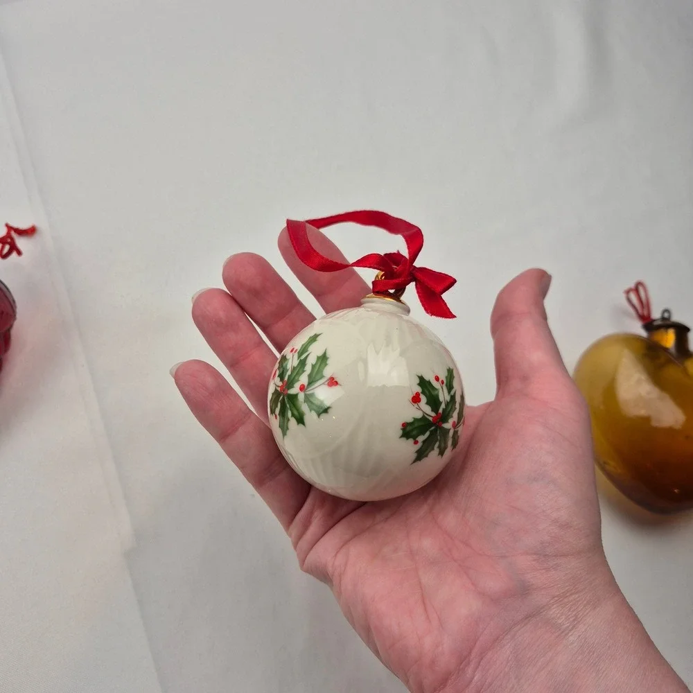 Vtg Glass Christmas‎ Ornament Lot 6pc Grapes Heart Ball + Lenox Holly 1990s